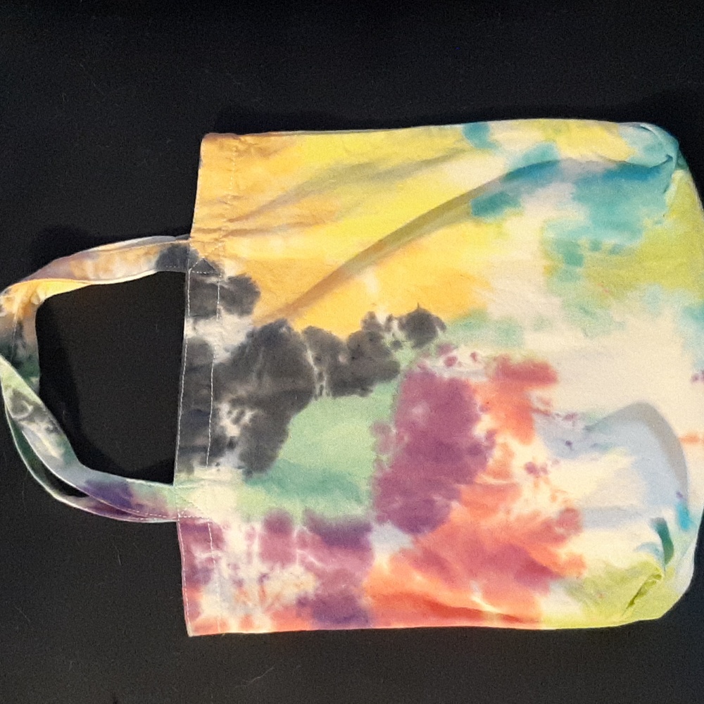 13x13 1/2 inch canvas tie tyed tote bag.